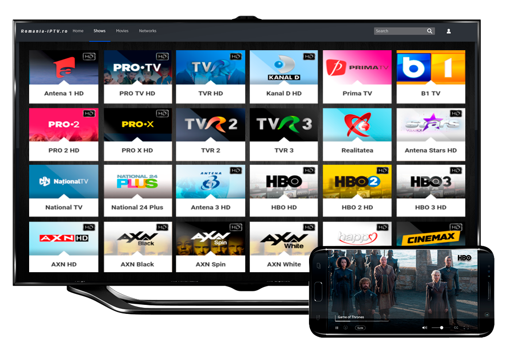 Interfață IPTV Romania Canada pe Smart TV cu listă de canale românești și filme 4K